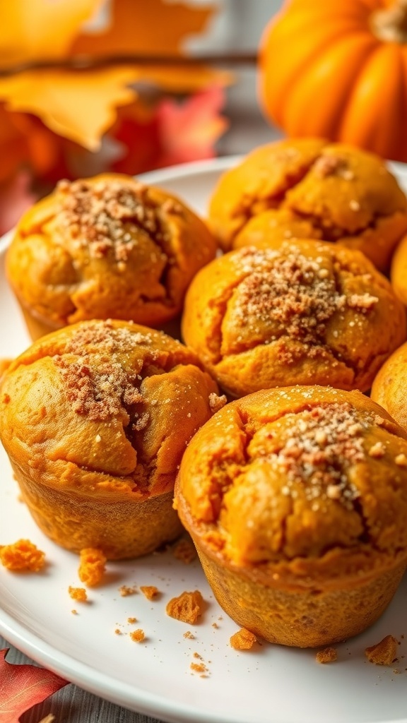 A plate of golden brown pumpkin spice muffins with autumn leaves and a small pumpkin in the background.
